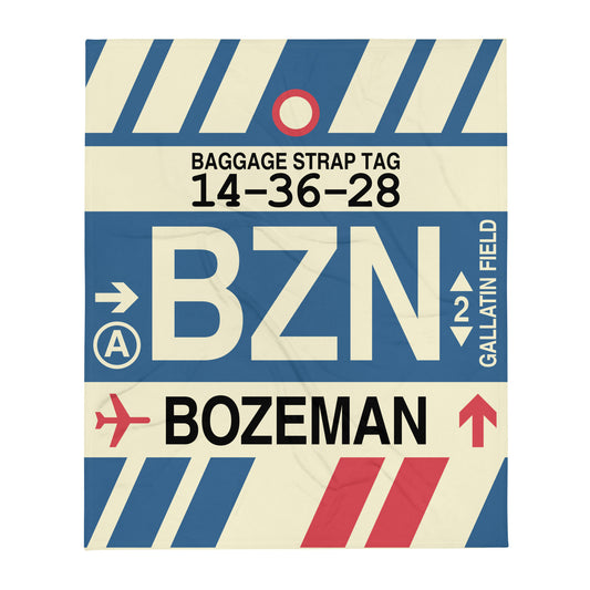 BZN Bozeman Throw Blanket • Jet Age Baggage Tag Design • YHM Designs - Image 01