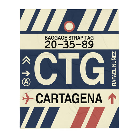CTG Cartagena Throw Blanket • Jet Age Baggage Tag Design • YHM Designs - Image 01