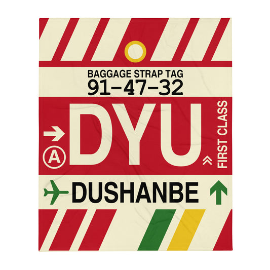 DYU Dushanbe Throw Blanket • Jet Age Baggage Tag Design • YHM Designs - Image 01