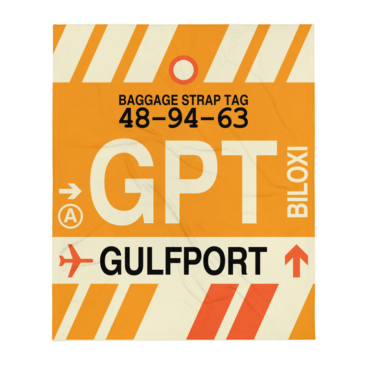 GPT Gulfport-Biloxi Throw Blanket • Jet Age Baggage Tag Design • YHM Designs - Image 01