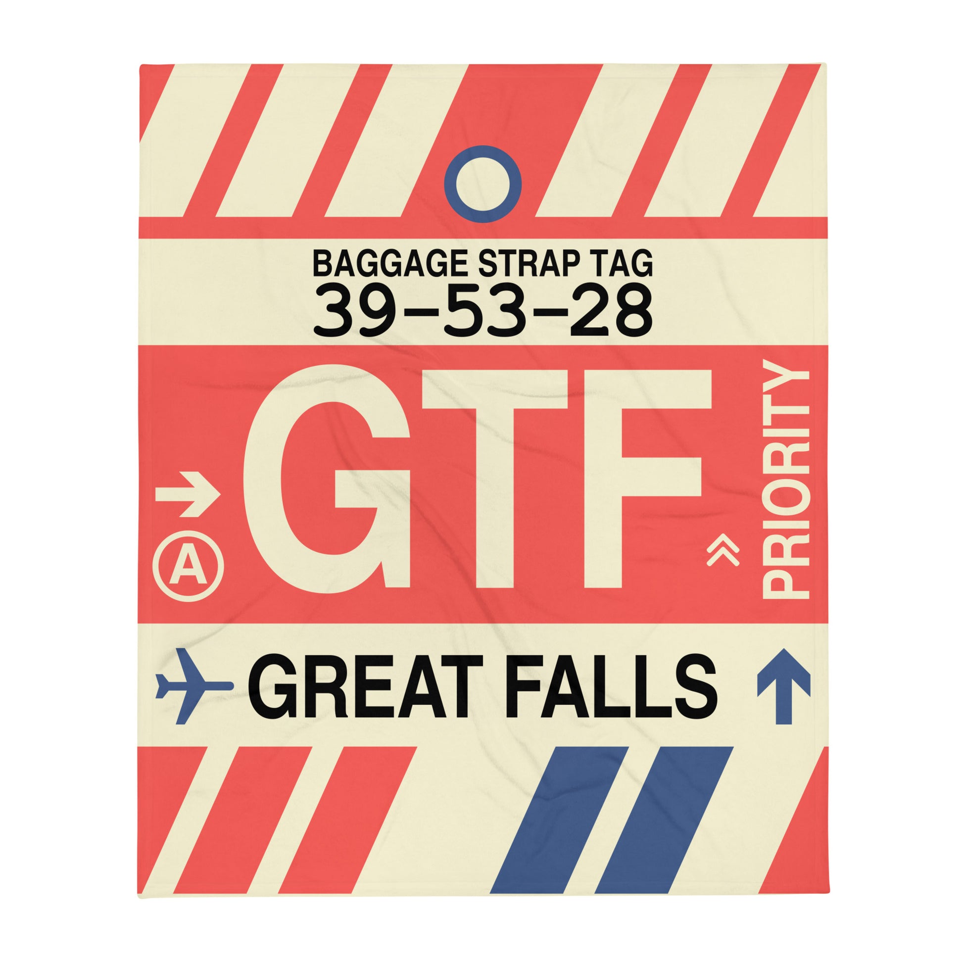 GTF Great Falls Throw Blanket • Jet Age Baggage Tag Design • YHM Designs - Image 01