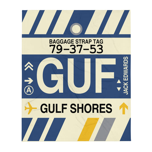 GUF Gulf Shores Throw Blanket • Jet Age Baggage Tag Design • YHM Designs - Image 01