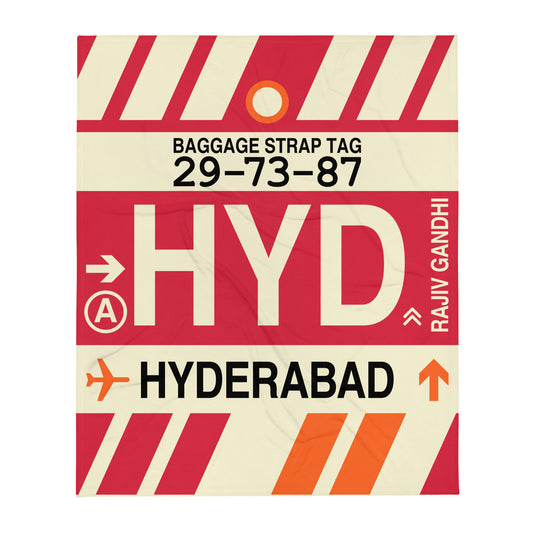HYD Hyderabad Throw Blanket • Jet Age Baggage Tag Design • YHM Designs - Image 01