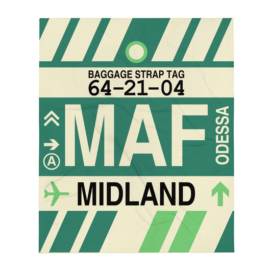 MAF Midland-Odessa Throw Blanket • Jet Age Baggage Tag Design • YHM Designs - Image 01