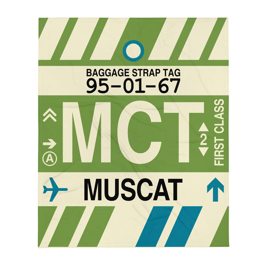 MCT Muscat Throw Blanket • Jet Age Baggage Tag Design • YHM Designs - Image 01