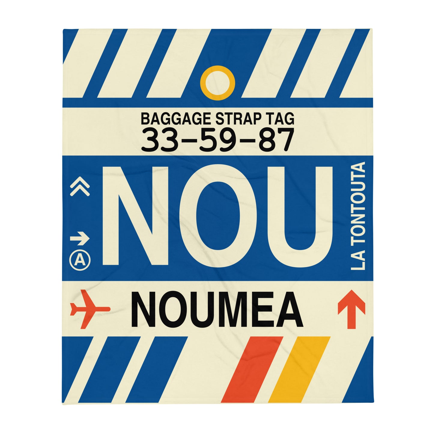 NOU Nouméa Throw Blanket • Jet Age Baggage Tag Design • YHM Designs - Image 01