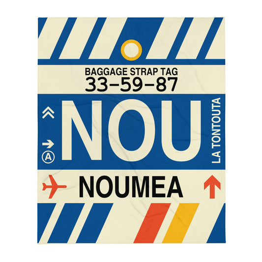 NOU Nouméa Throw Blanket • Jet Age Baggage Tag Design • YHM Designs - Image 01