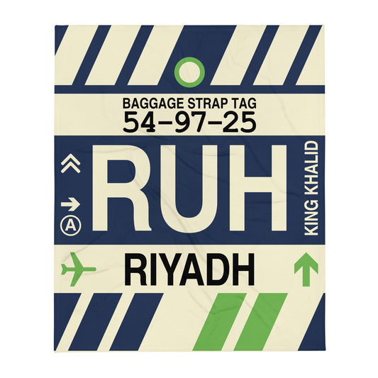 RUH Riyadh Throw Blanket • Jet Age Baggage Tag Design • YHM Designs - Image 01