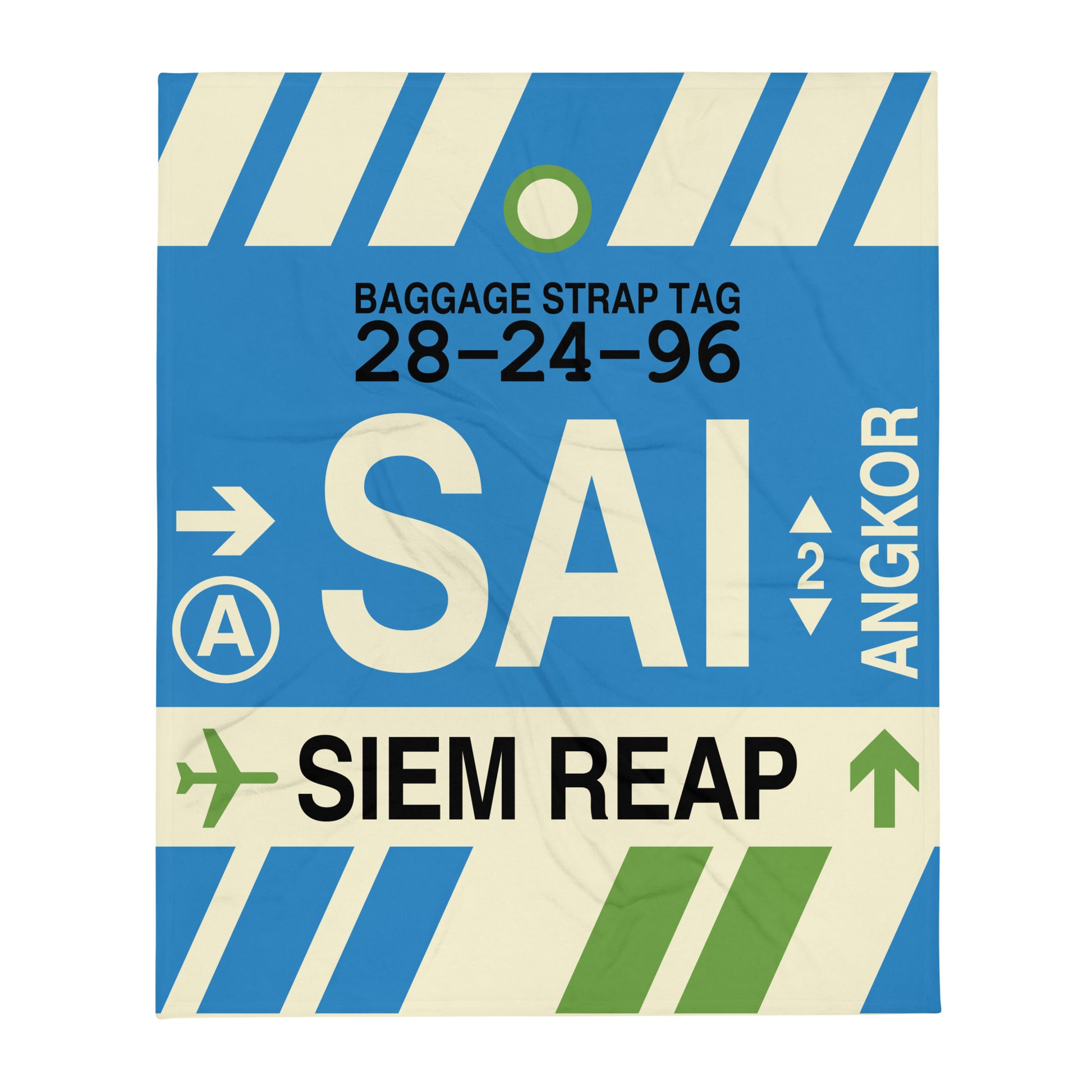 SAI Siem Reap-Angkor Throw Blanket • Jet Age Baggage Tag Design • YHM Designs - Image 01