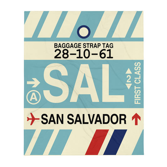 SAL San Salvador Throw Blanket • Jet Age Baggage Tag Design • YHM Designs - Image 01
