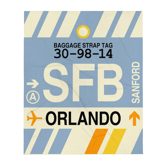 SFB Orlando Throw Blanket • Jet Age Baggage Tag Design • YHM Designs - Image 01