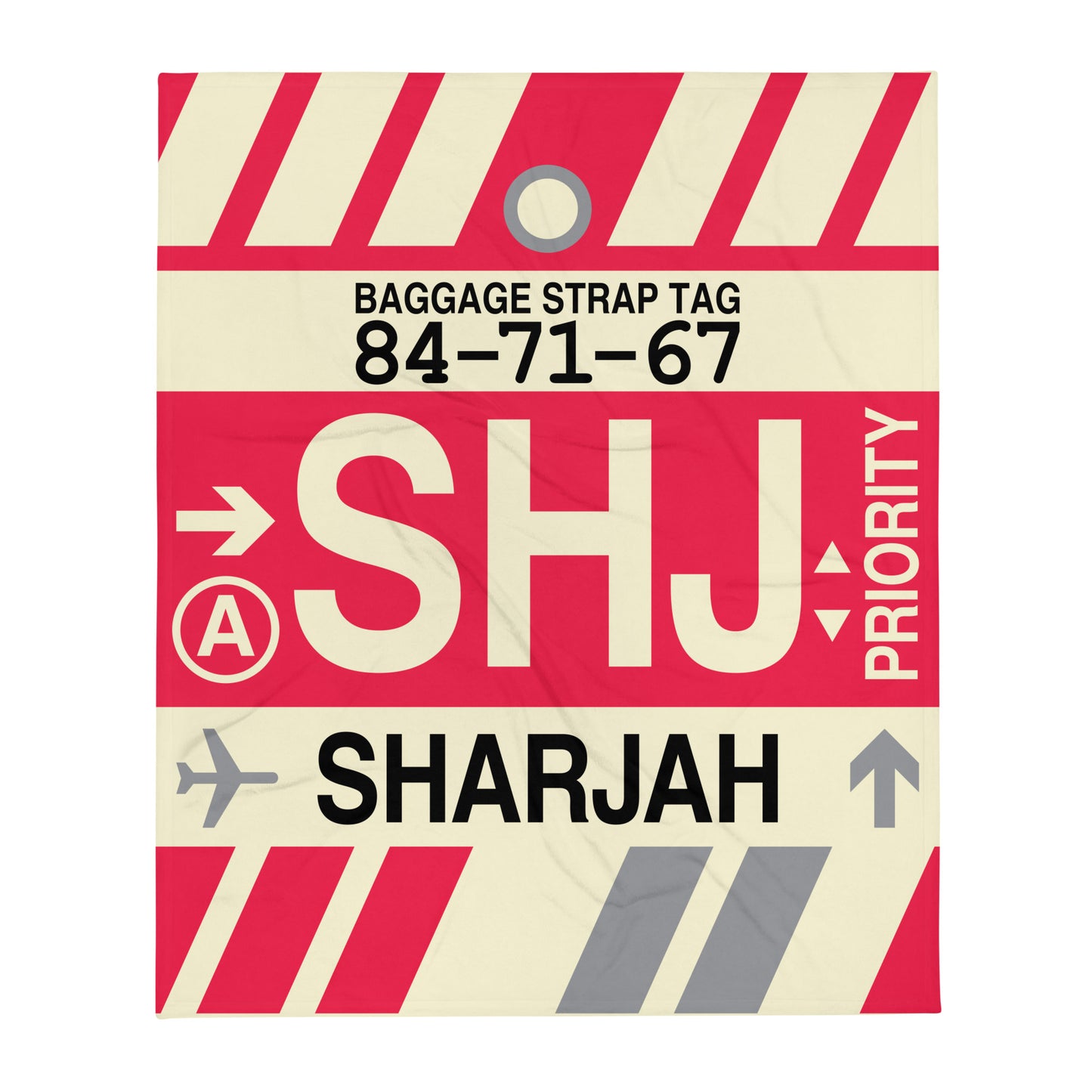 SHJ Sharjah Throw Blanket • Jet Age Baggage Tag Design • YHM Designs - Image 01