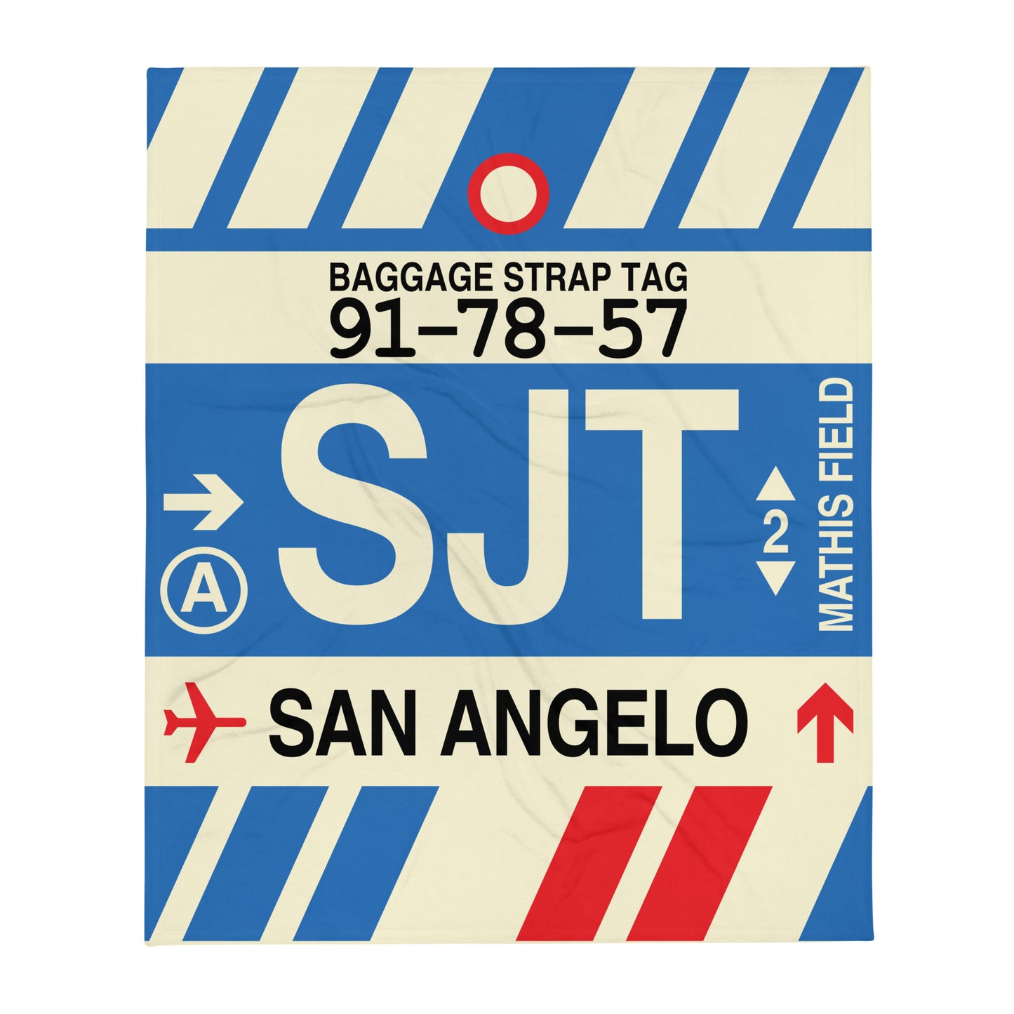 SJT San Angelo Throw Blanket • Jet Age Baggage Tag Design • YHM Designs - Image 01