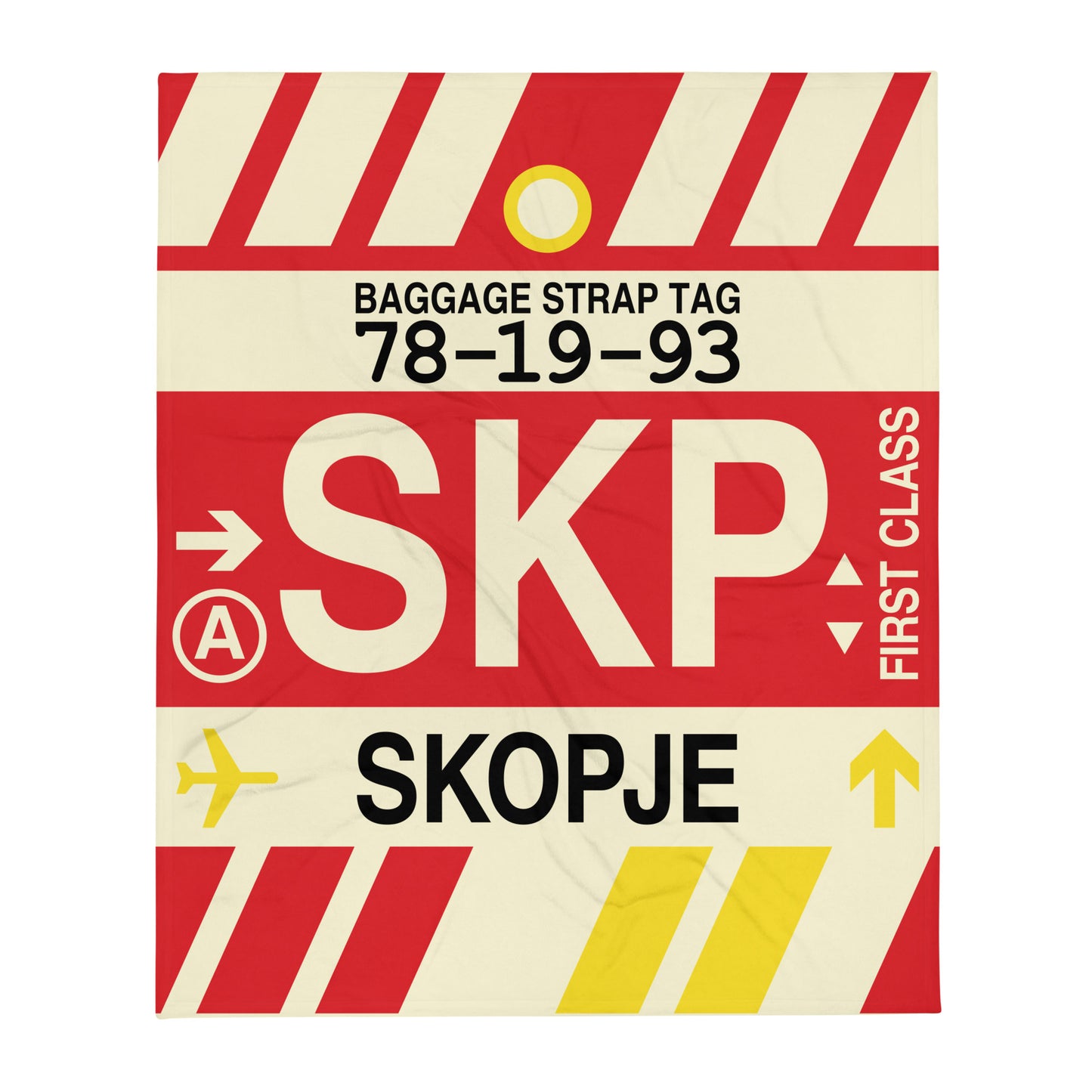 SKP Skopje Throw Blanket • Jet Age Baggage Tag Design • YHM Designs - Image 01