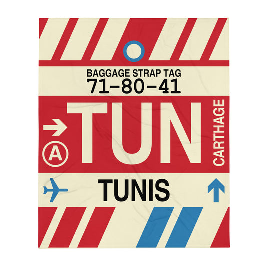 TUN Tunis Throw Blanket • Jet Age Baggage Tag Design • YHM Designs - Image 01