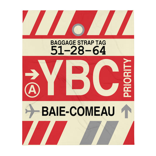 YBC Baie-Comeau Throw Blanket • Jet Age Baggage Tag Design • YHM Designs - Image 01