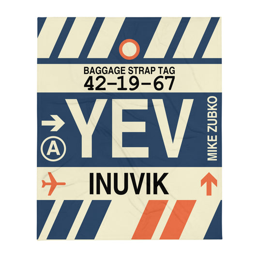 YEV Inuvik Throw Blanket • Jet Age Baggage Tag Design • YHM Designs - Image 01