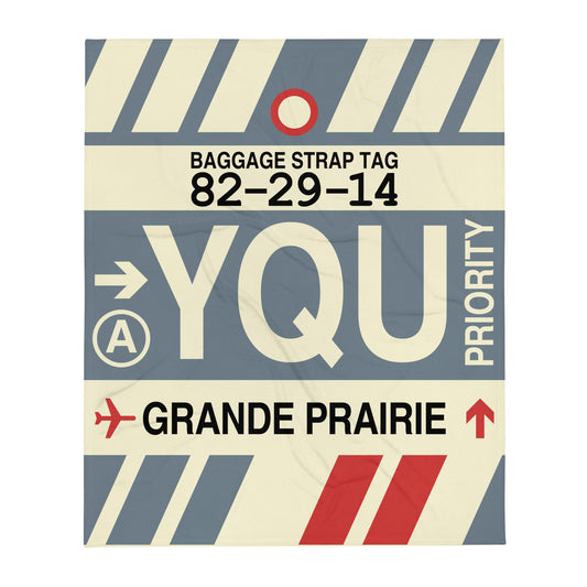 YQU Grande Prairie Throw Blanket • Jet Age Baggage Tag Design • YHM Designs - Image 01
