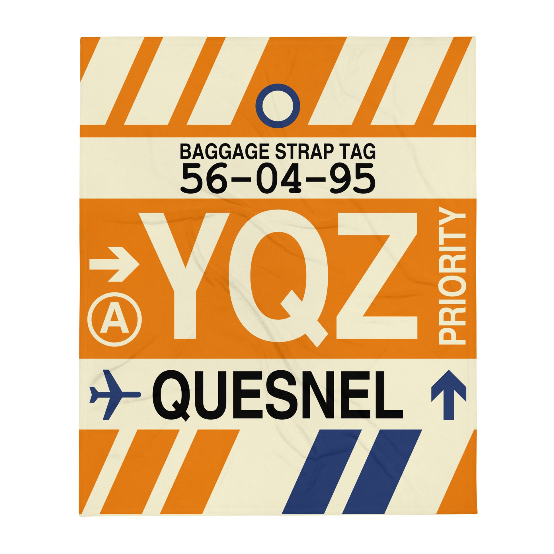 YQZ Quesnel Throw Blanket • Jet Age Baggage Tag Design • YHM Designs - Image 01