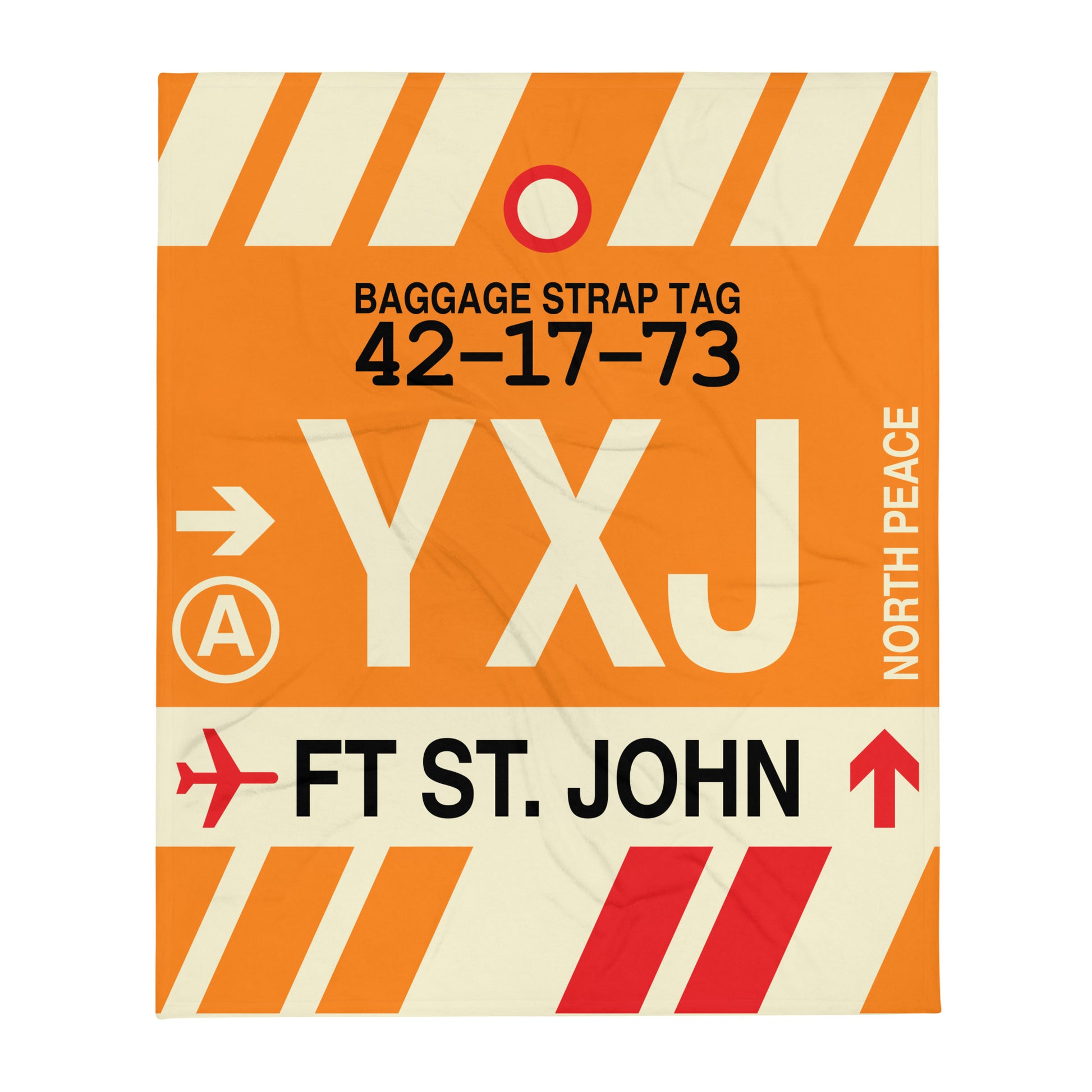 YXJ Fort St. John Throw Blanket • Jet Age Baggage Tag Design • YHM Designs - Image 01
