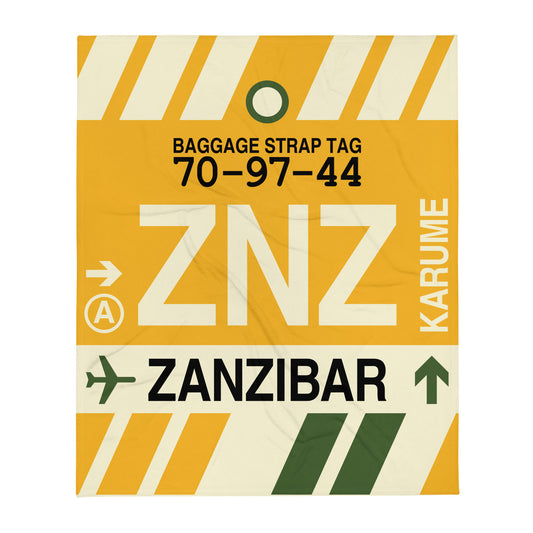 ZNZ Zanzibar Throw Blanket • Jet Age Baggage Tag Design • YHM Designs - Image 01