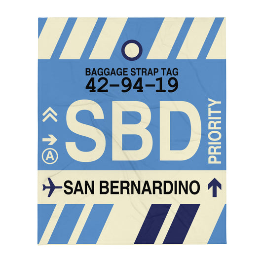 SBD San Bernardino Throw Blanket • Jet Age Baggage Tag Design • YHM Designs - Image 01