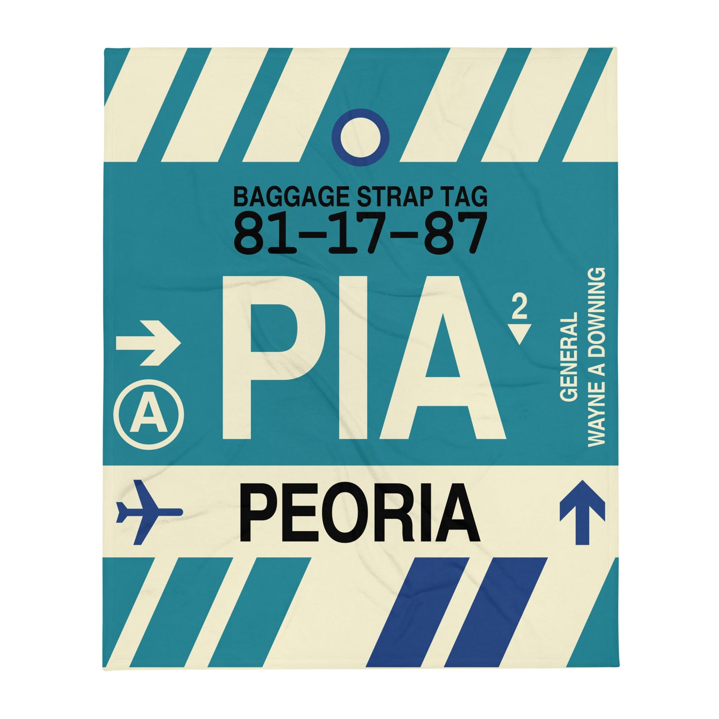 PIA Peoria Throw Blanket • Jet Age Baggage Tag Design • YHM Designs - Image 01