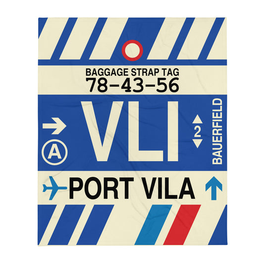 VLI Port Vila Throw Blanket • Jet Age Baggage Tag Design • YHM Designs - Image 01
