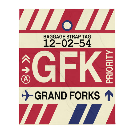 GFK Grand Forks Throw Blanket • Jet Age Baggage Tag Design • YHM Designs - Image 01