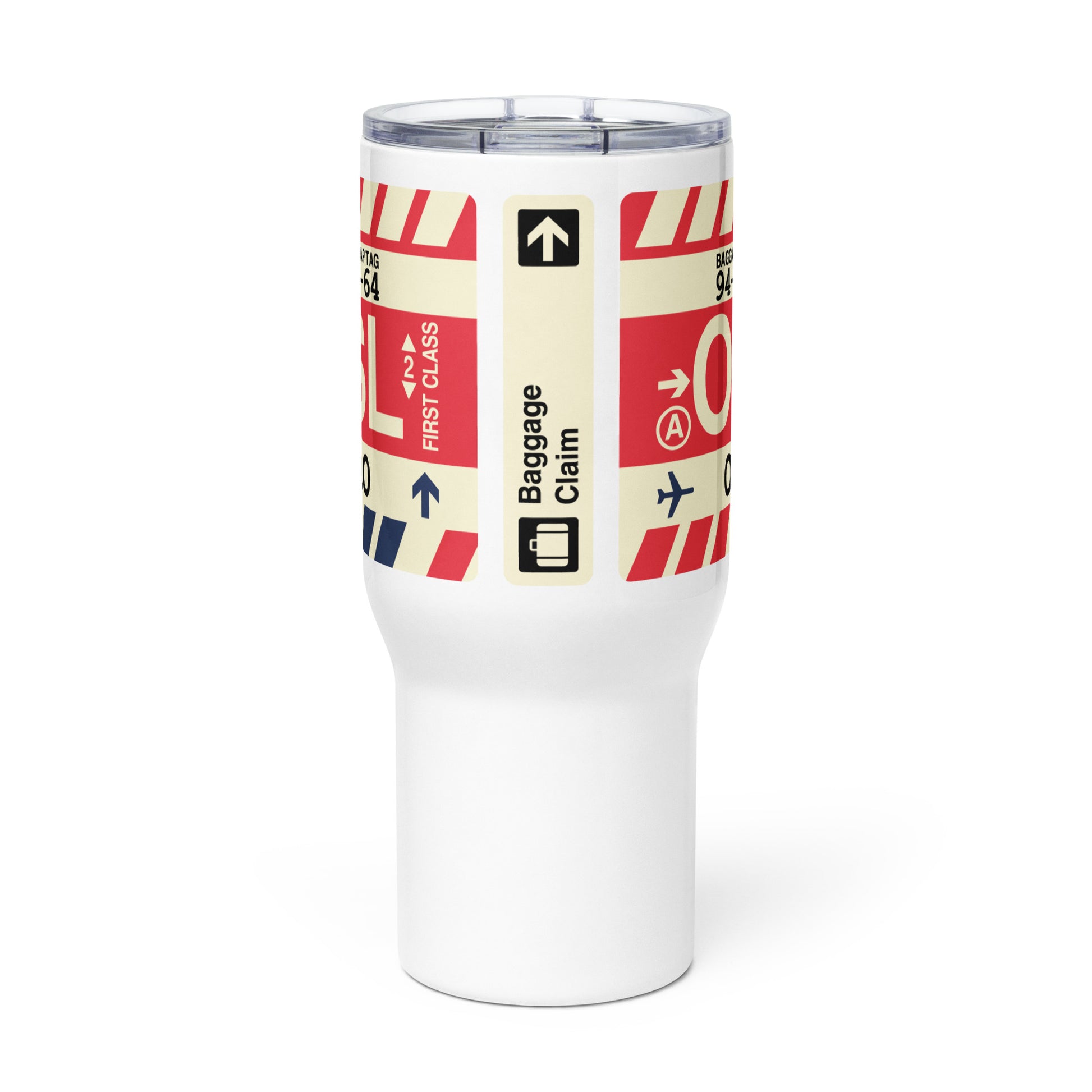 OSL Oslo Travel Mug • Jet Age Baggage Tag Design • YHM Designs - Image 02