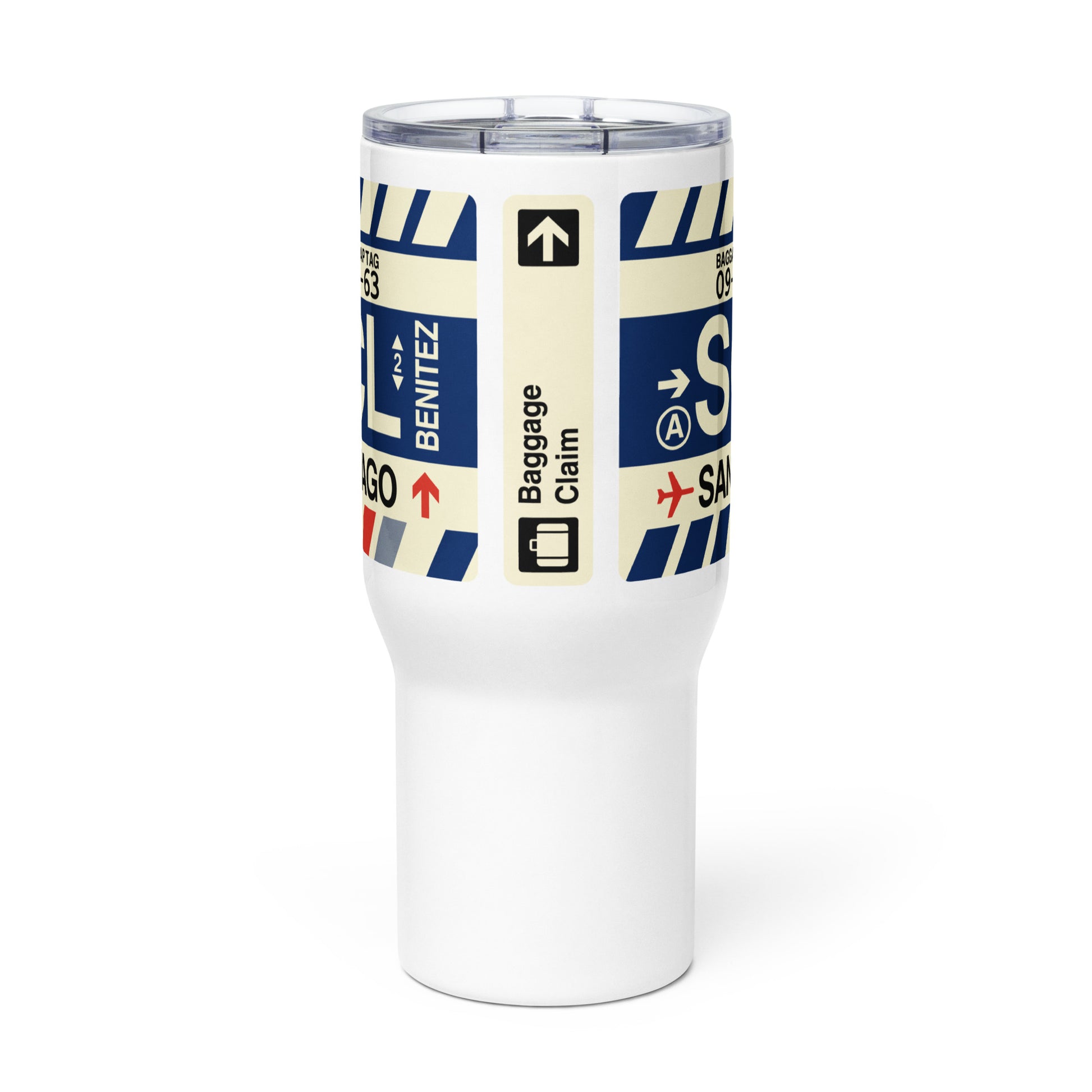 SCL Santiago Travel Mug • Jet Age Baggage Tag Design • YHM Designs - Image 02