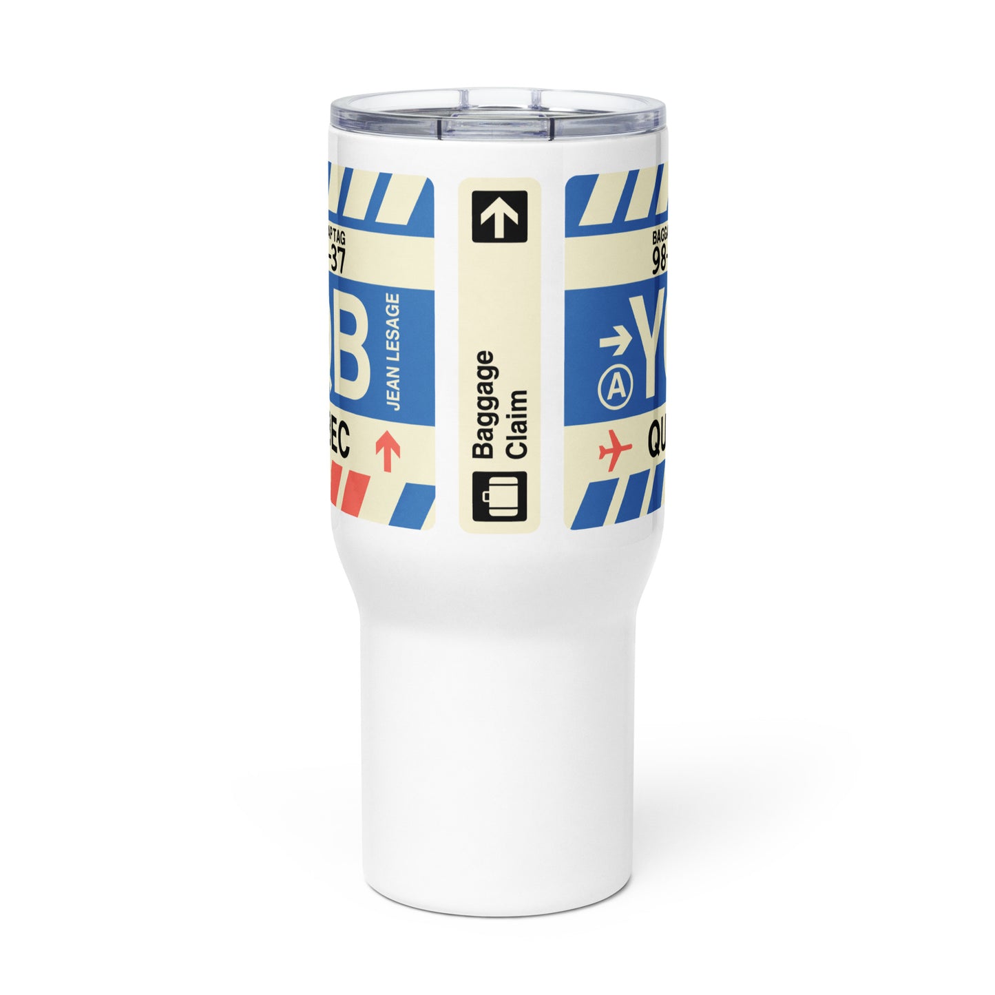YQB Quebec City Travel Mug • Jet Age Baggage Tag Design • YHM Designs - Image 02