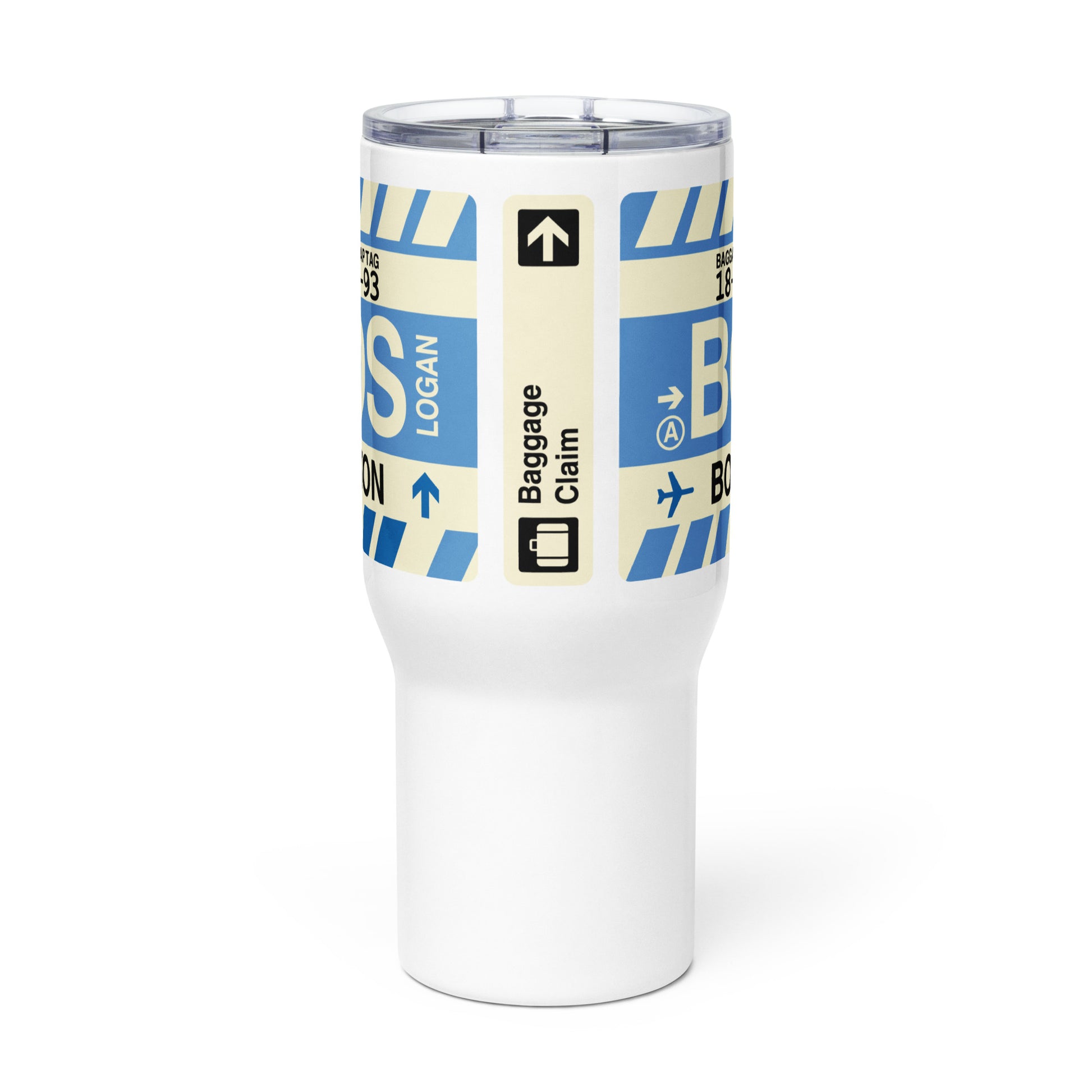 BOS Boston Travel Mug • Jet Age Baggage Tag Design • YHM Designs - Image 02