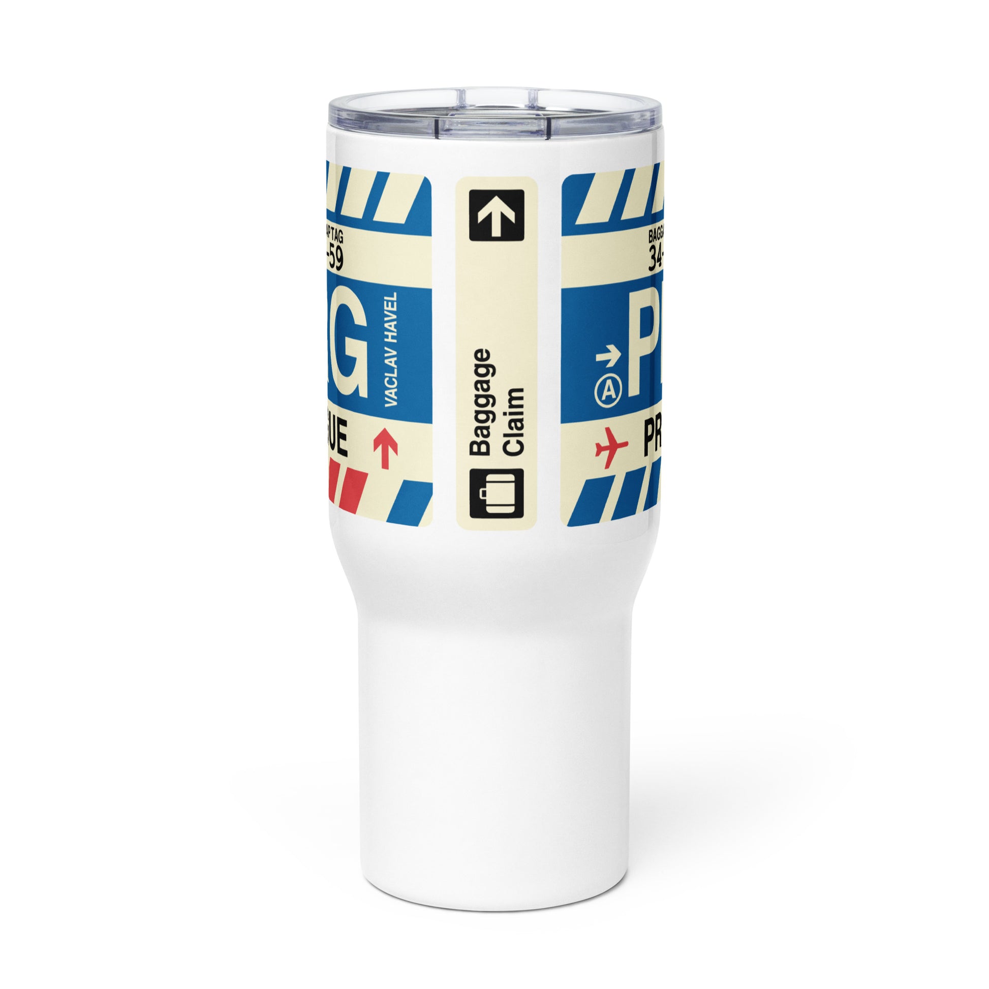 PRG Prague Travel Mug • Jet Age Baggage Tag Design • YHM Designs - Image 02