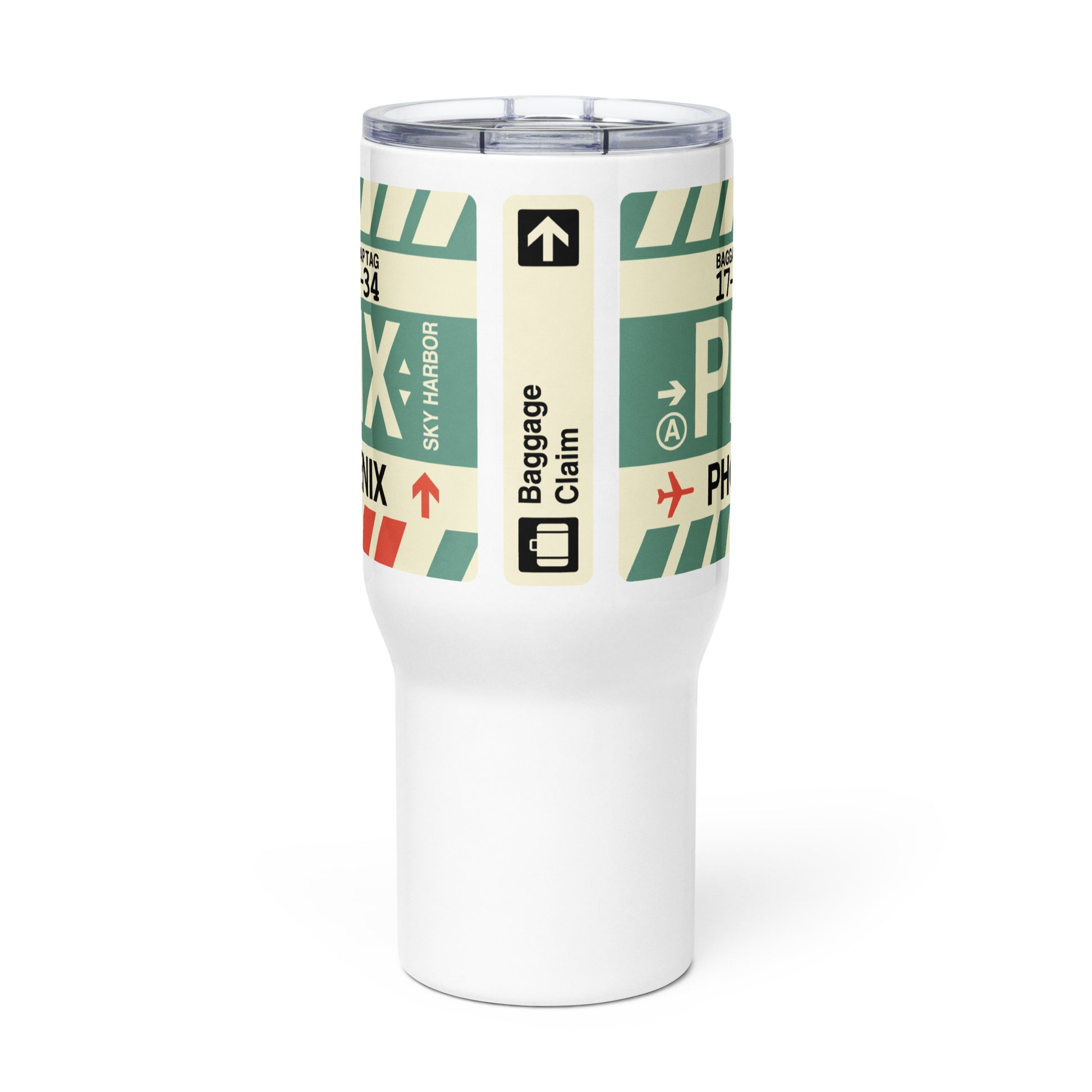 PHX Phoenix Travel Mug • Jet Age Baggage Tag Design • YHM Designs - Image 02