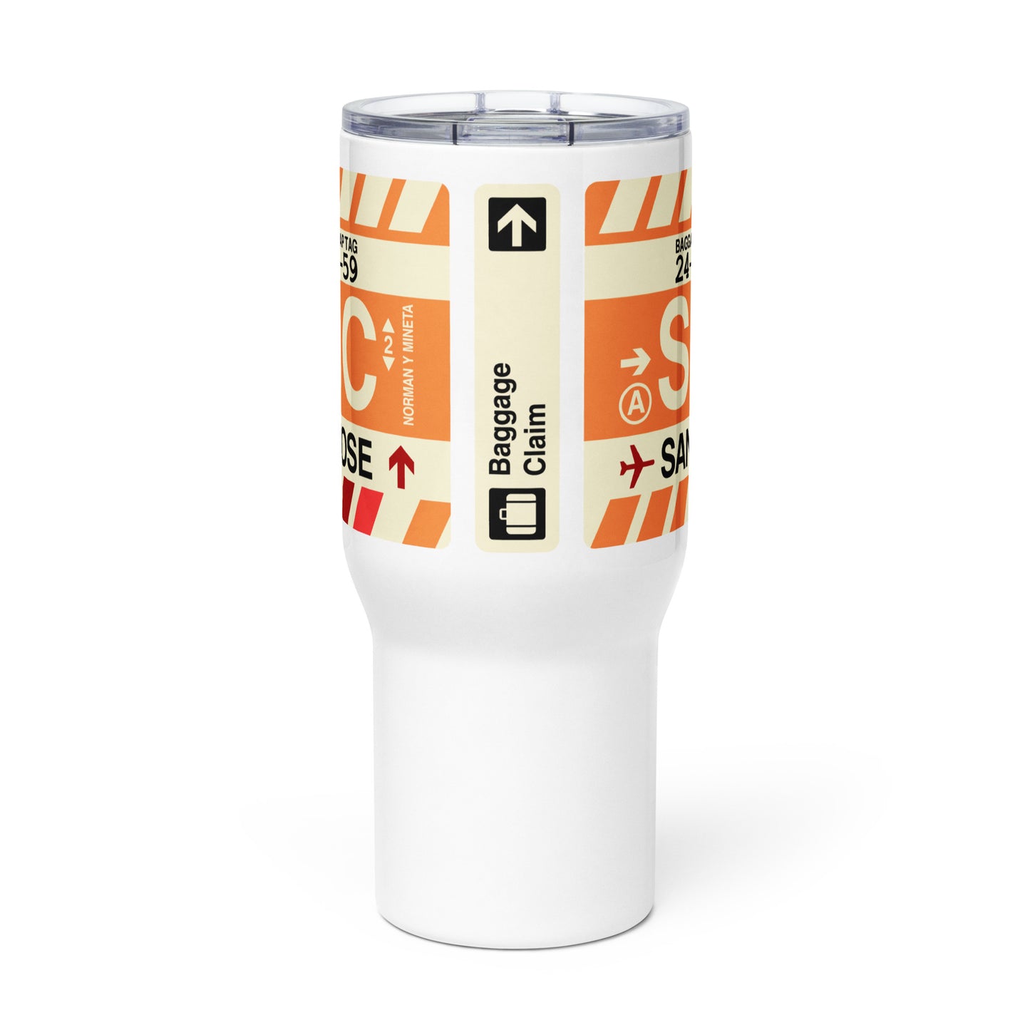 SJC San Jose Travel Mug • Jet Age Baggage Tag Design • YHM Designs - Image 02