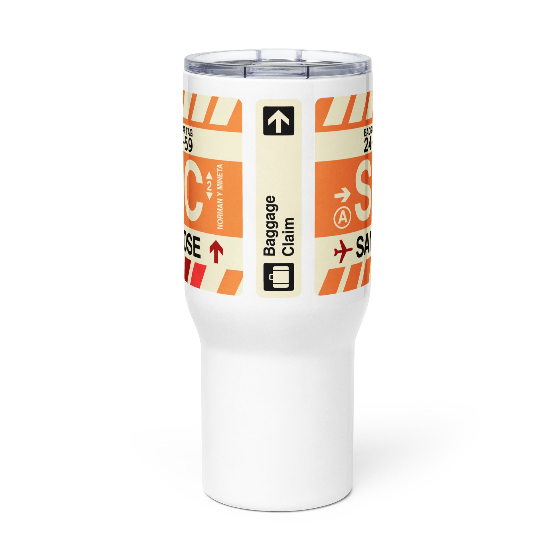 SJC San Jose Travel Mug • Jet Age Baggage Tag Design • YHM Designs - Image 02