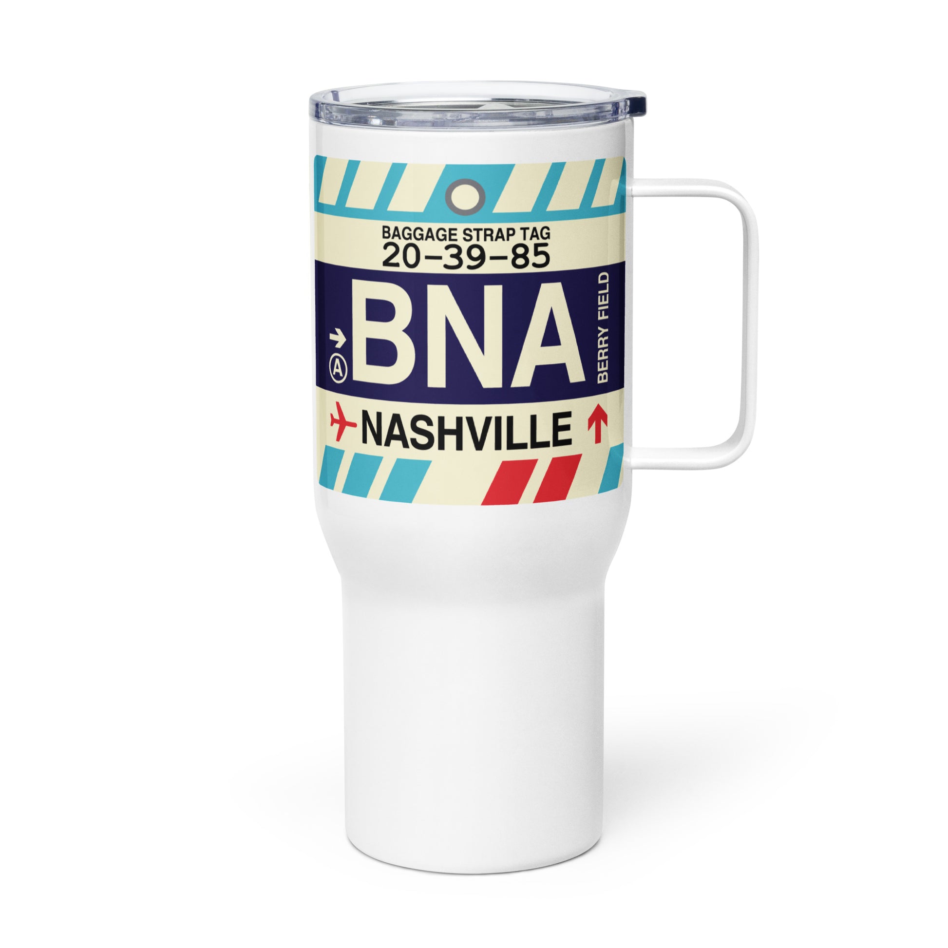 BNA Nashville Travel Mug • Jet Age Baggage Tag Design • YHM Designs - Image 01