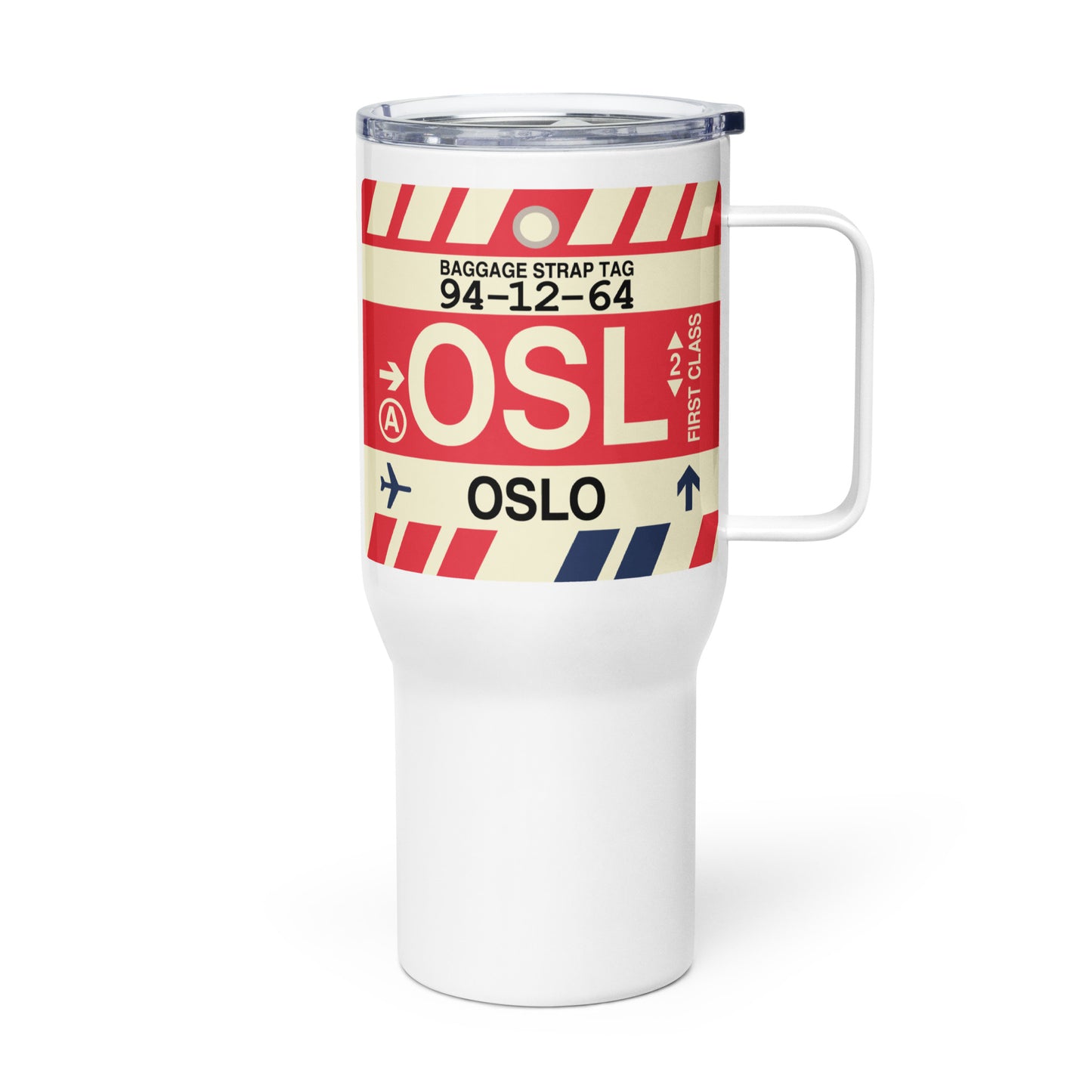 OSL Oslo Travel Mug • Jet Age Baggage Tag Design • YHM Designs - Image 01
