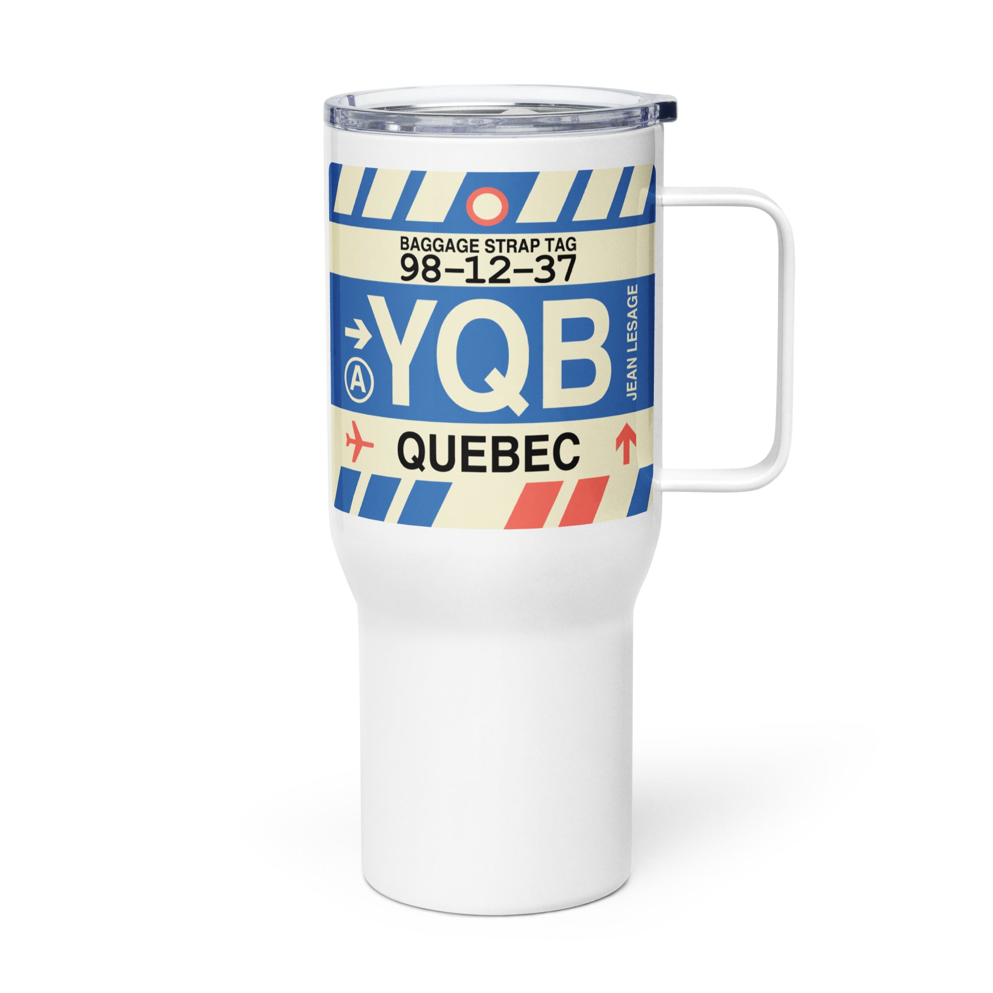 YQB Quebec City Travel Mug • Jet Age Baggage Tag Design • YHM Designs - Image 01