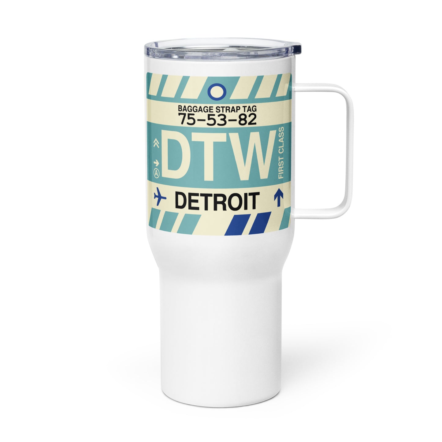 DTW Detroit Travel Mug • Jet Age Baggage Tag Design • YHM Designs - Image 01