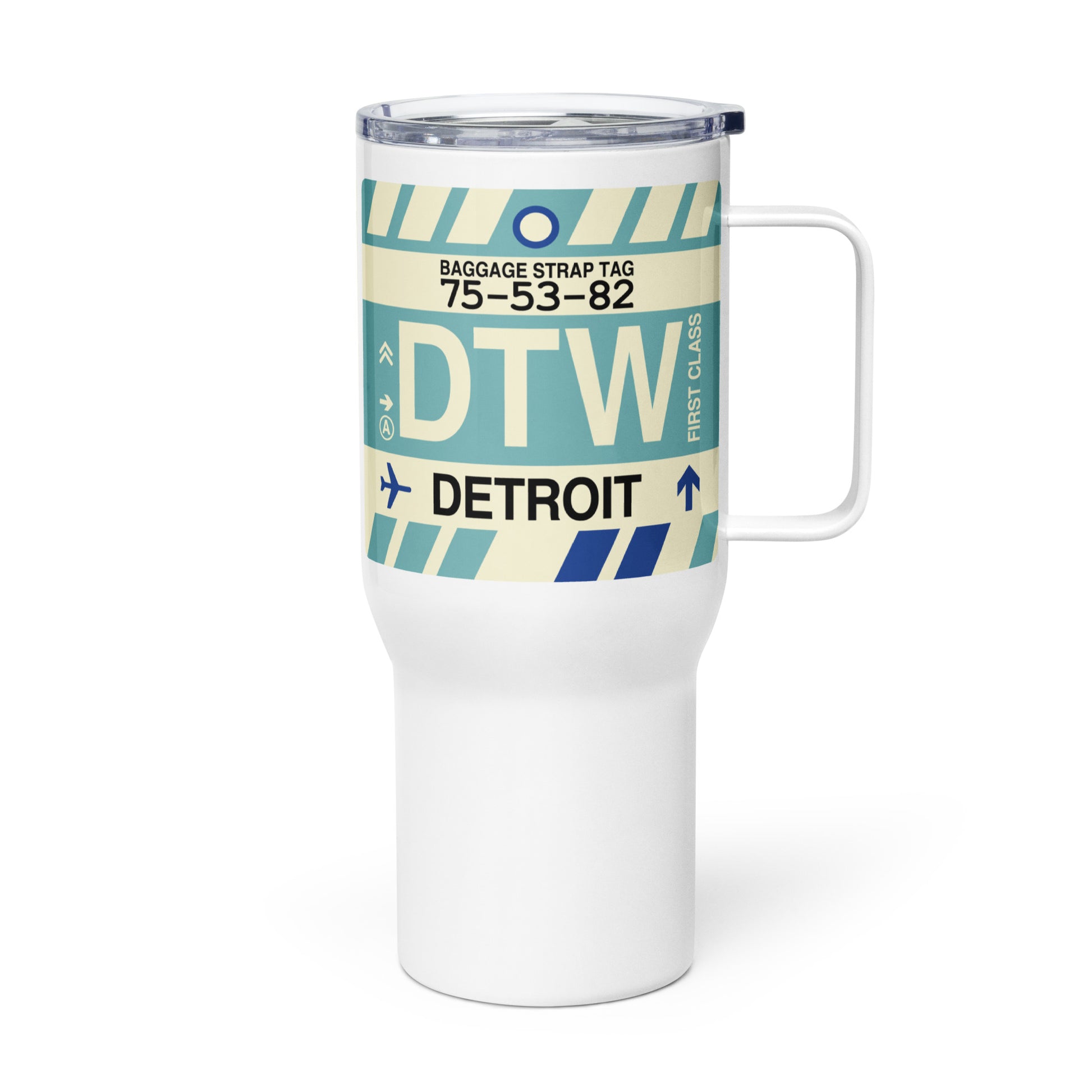 DTW Detroit Travel Mug • Jet Age Baggage Tag Design • YHM Designs - Image 01