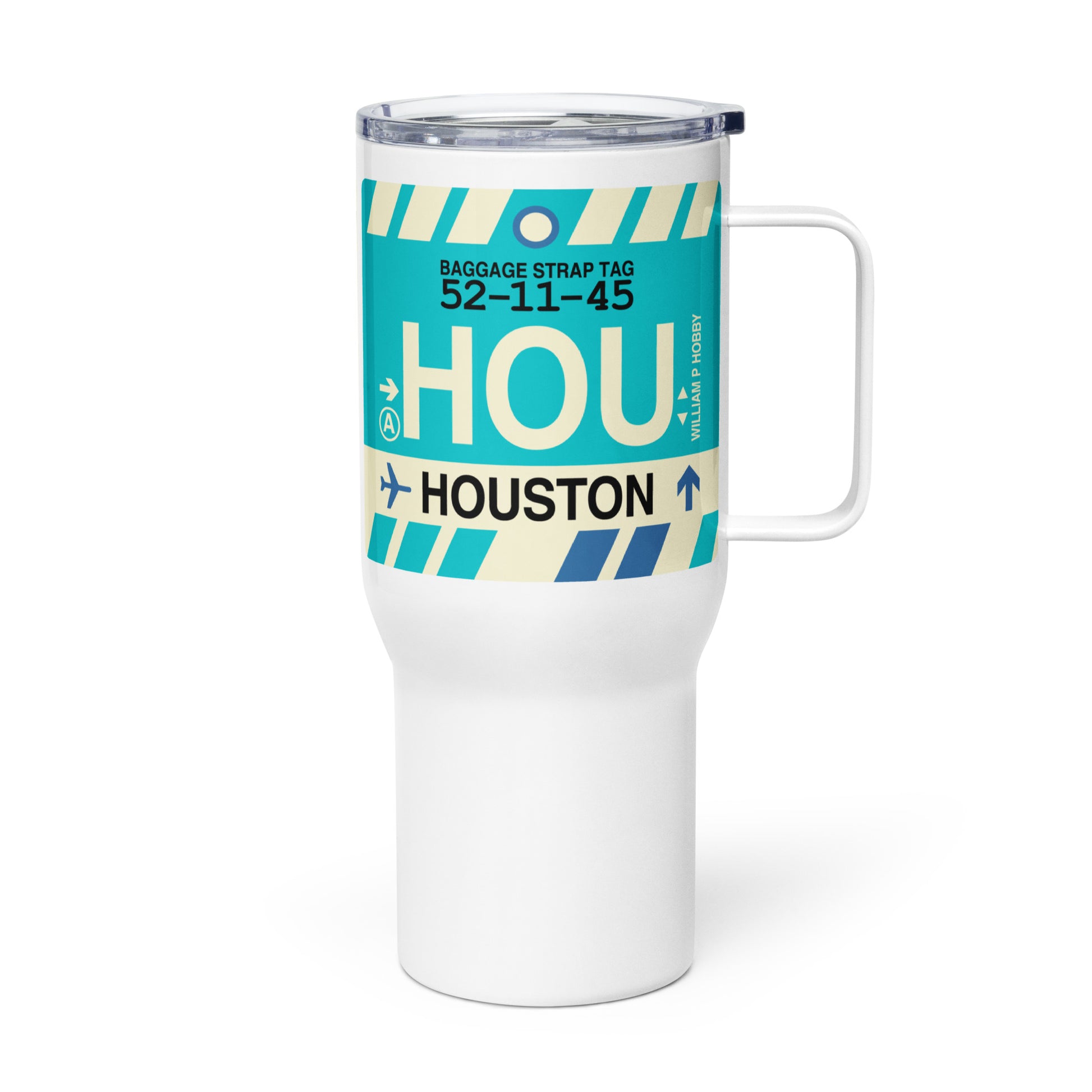 HOU Houston Travel Mug • Jet Age Baggage Tag Design • YHM Designs - Image 01