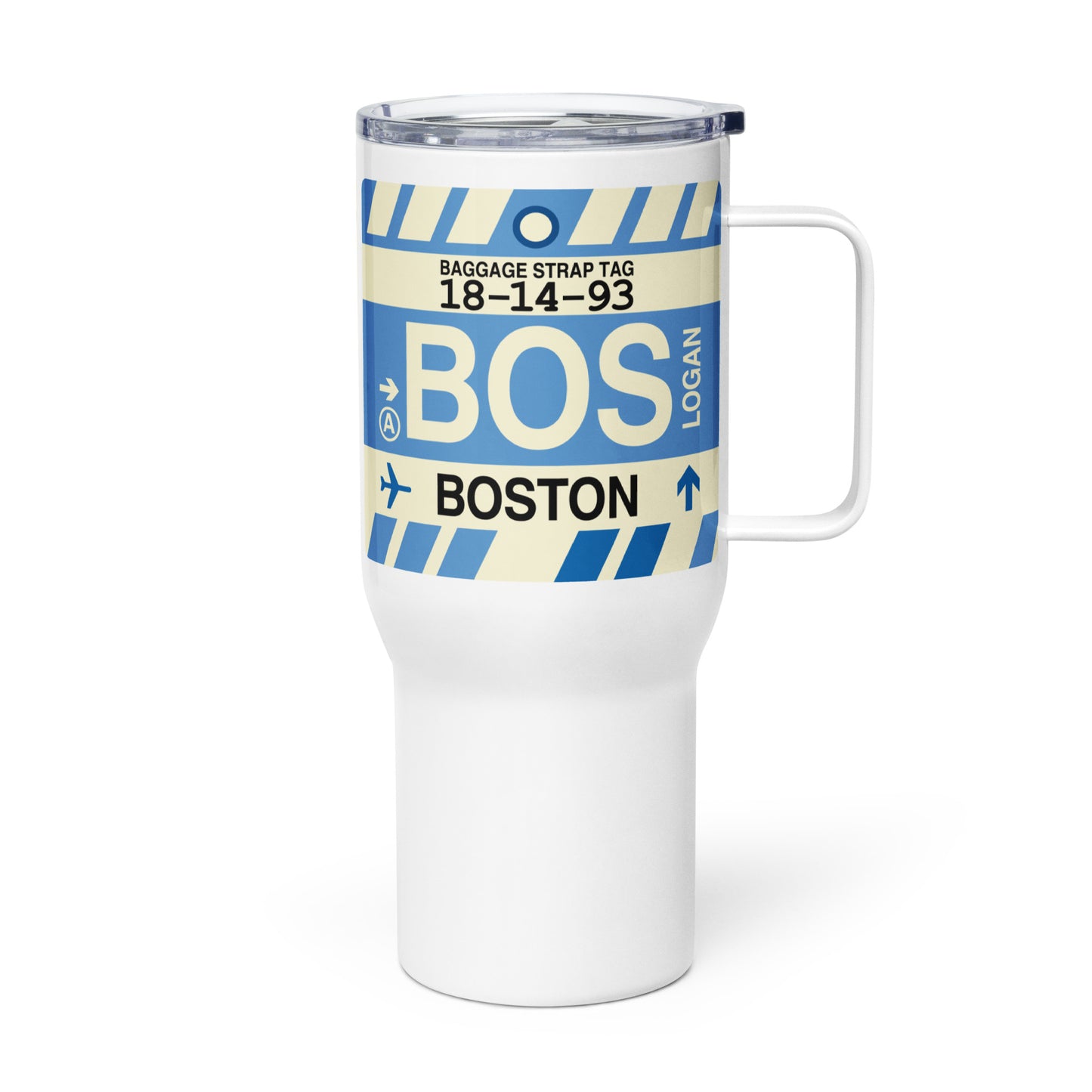 BOS Boston Travel Mug • Jet Age Baggage Tag Design • YHM Designs - Image 01
