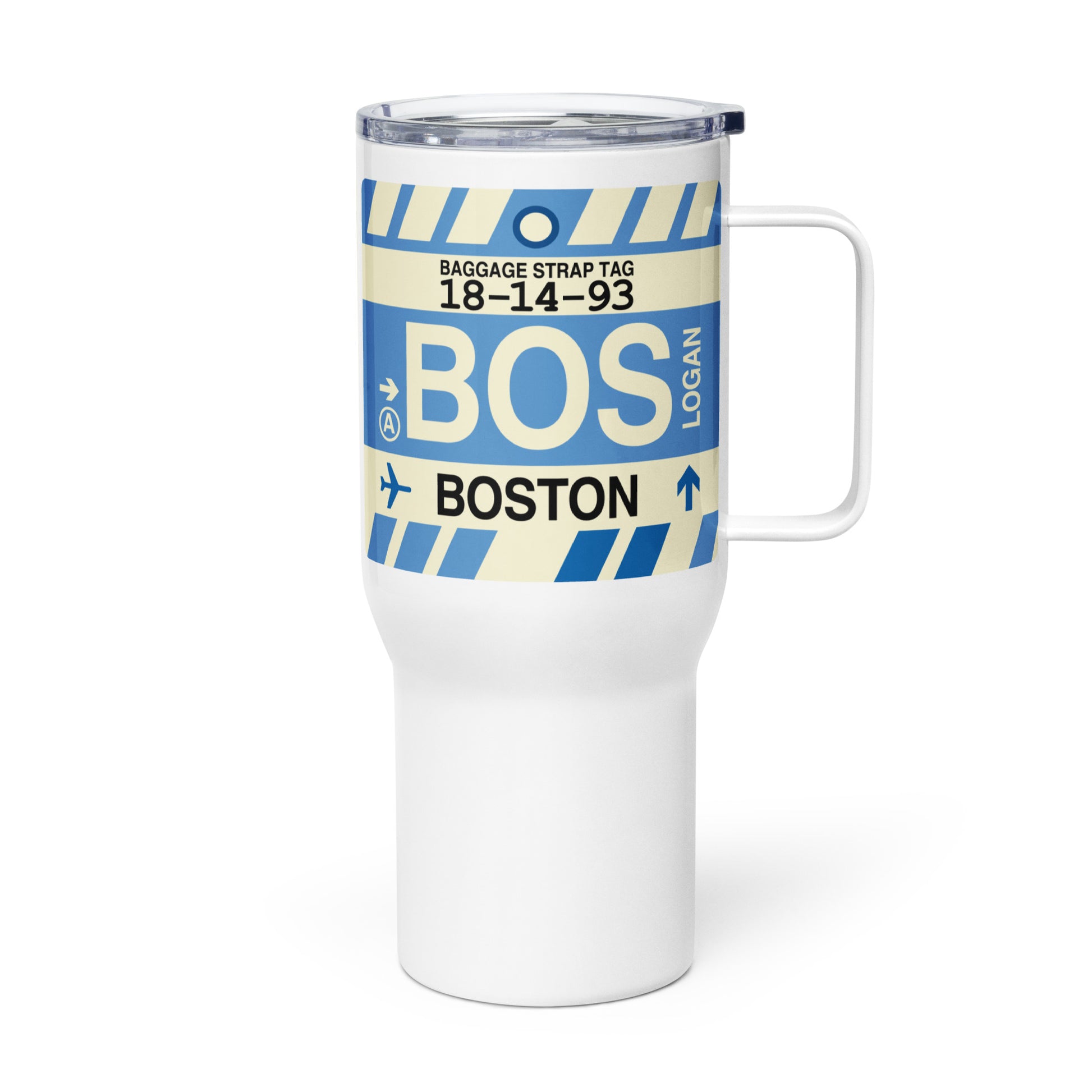 BOS Boston Travel Mug • Jet Age Baggage Tag Design • YHM Designs - Image 01