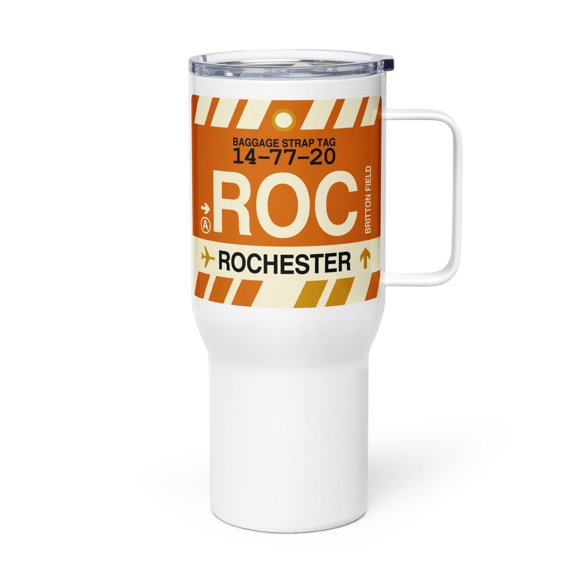ROC Rochester Travel Mug • Jet Age Baggage Tag Design • YHM Designs - Image 01