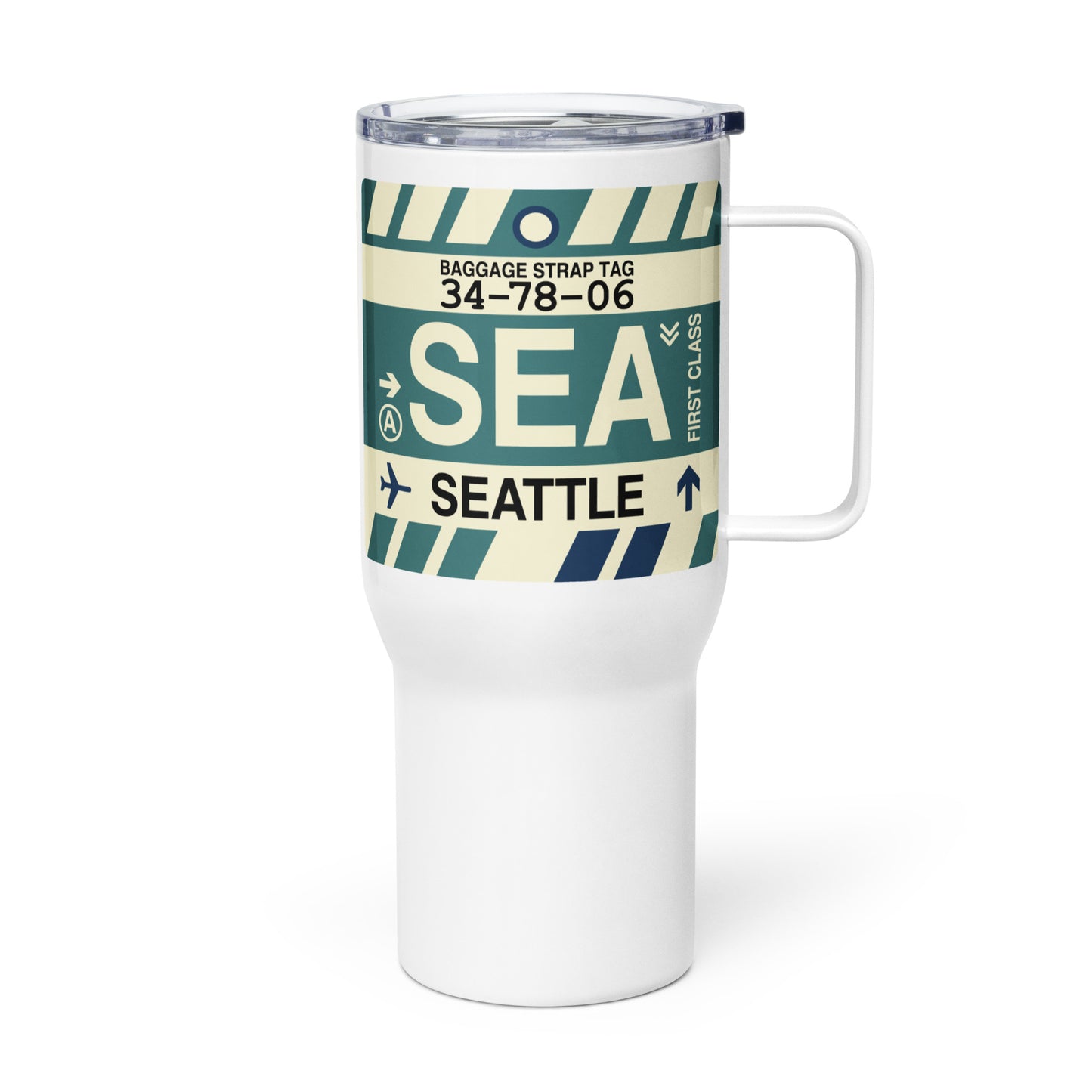 SEA Seattle Travel Mug • Jet Age Baggage Tag Design • YHM Designs - Image 01
