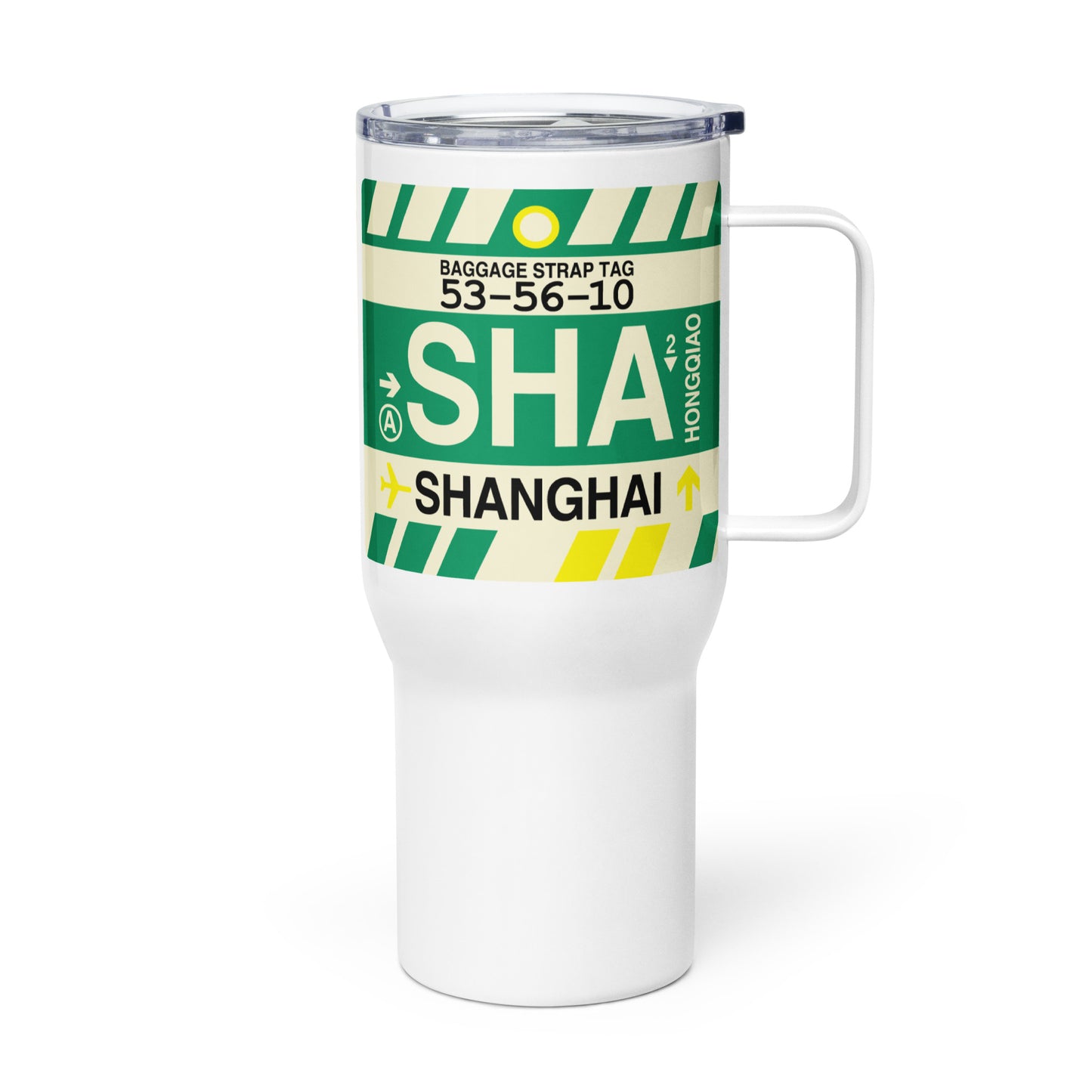 SHA Shanghai Travel Mug • Jet Age Baggage Tag Design • YHM Designs - Image 01