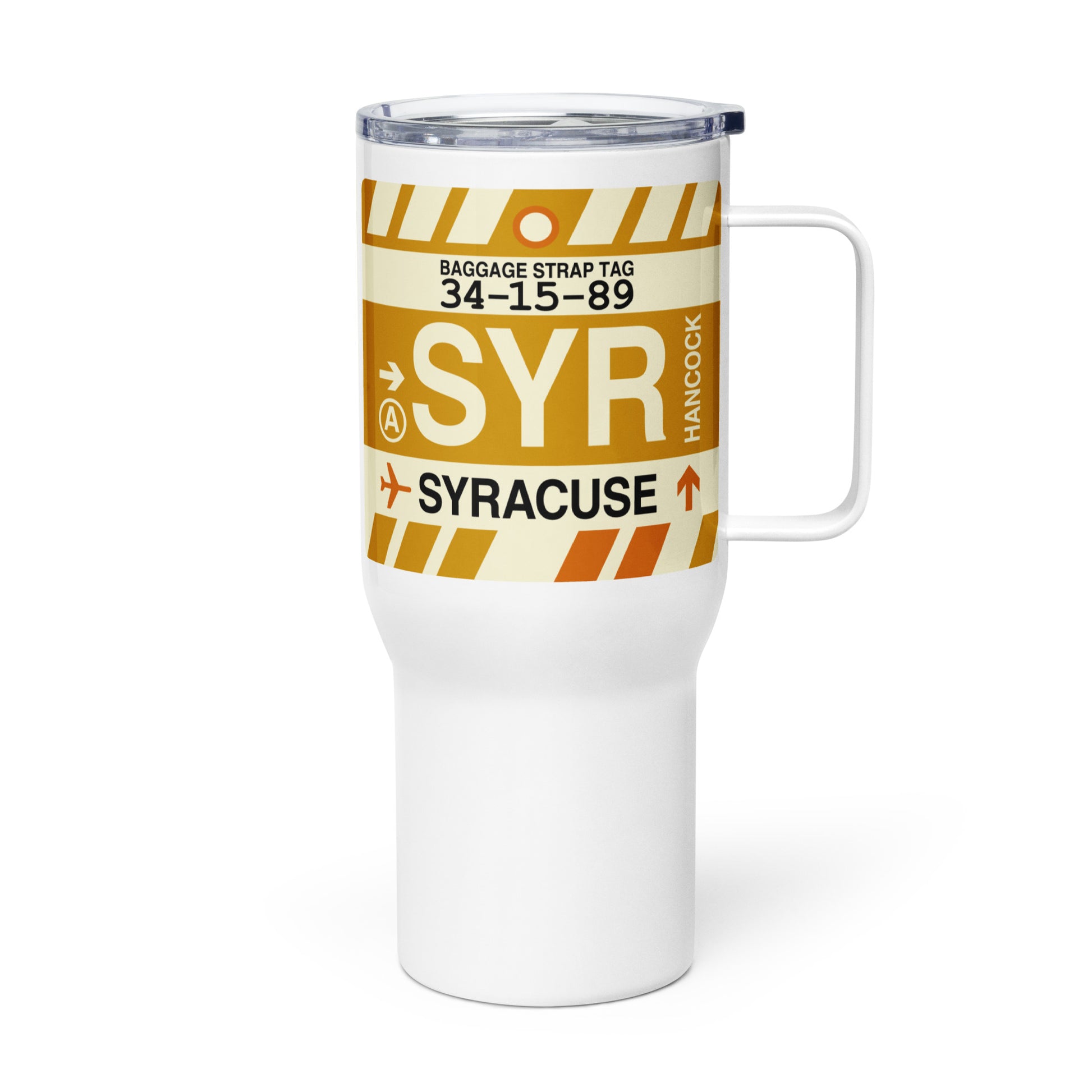 SYR Syracuse Travel Mug • Jet Age Baggage Tag Design • YHM Designs - Image 01