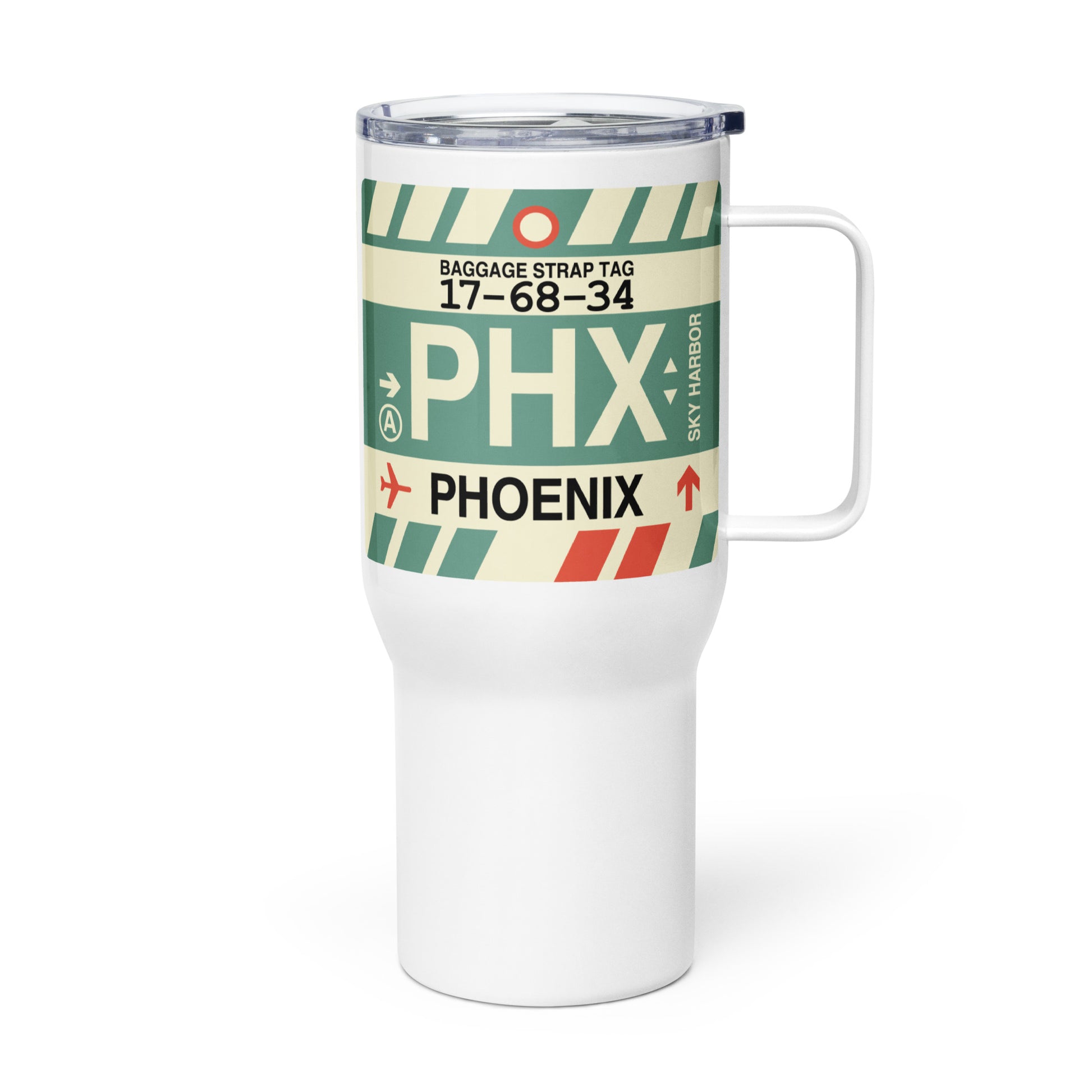 PHX Phoenix Travel Mug • Jet Age Baggage Tag Design • YHM Designs - Image 01